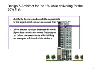 69
Design & Architect for the 1% while delivering for the
80% first.
• Identify the business and scalability requirements
...