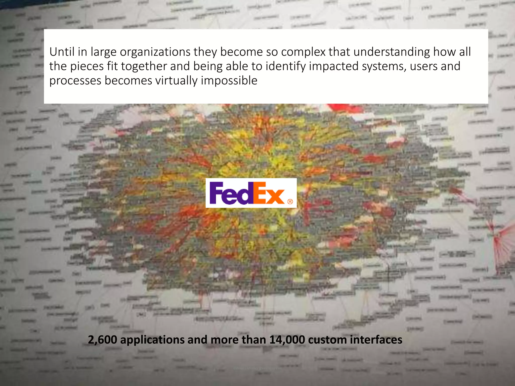 The reality: In an organization as big, old and complex as FedEx it’s impossible to
really understand all the systems, users, implications to accurately forecast the
future
12
2,600 applications and more than 14,000 custom interfaces
Until in large organizations they become so complex that understanding how all
the pieces fit together and being able to identify impacted systems, users and
processes becomes virtually impossible
©Kevin J Mireles @kevinjmireles
 