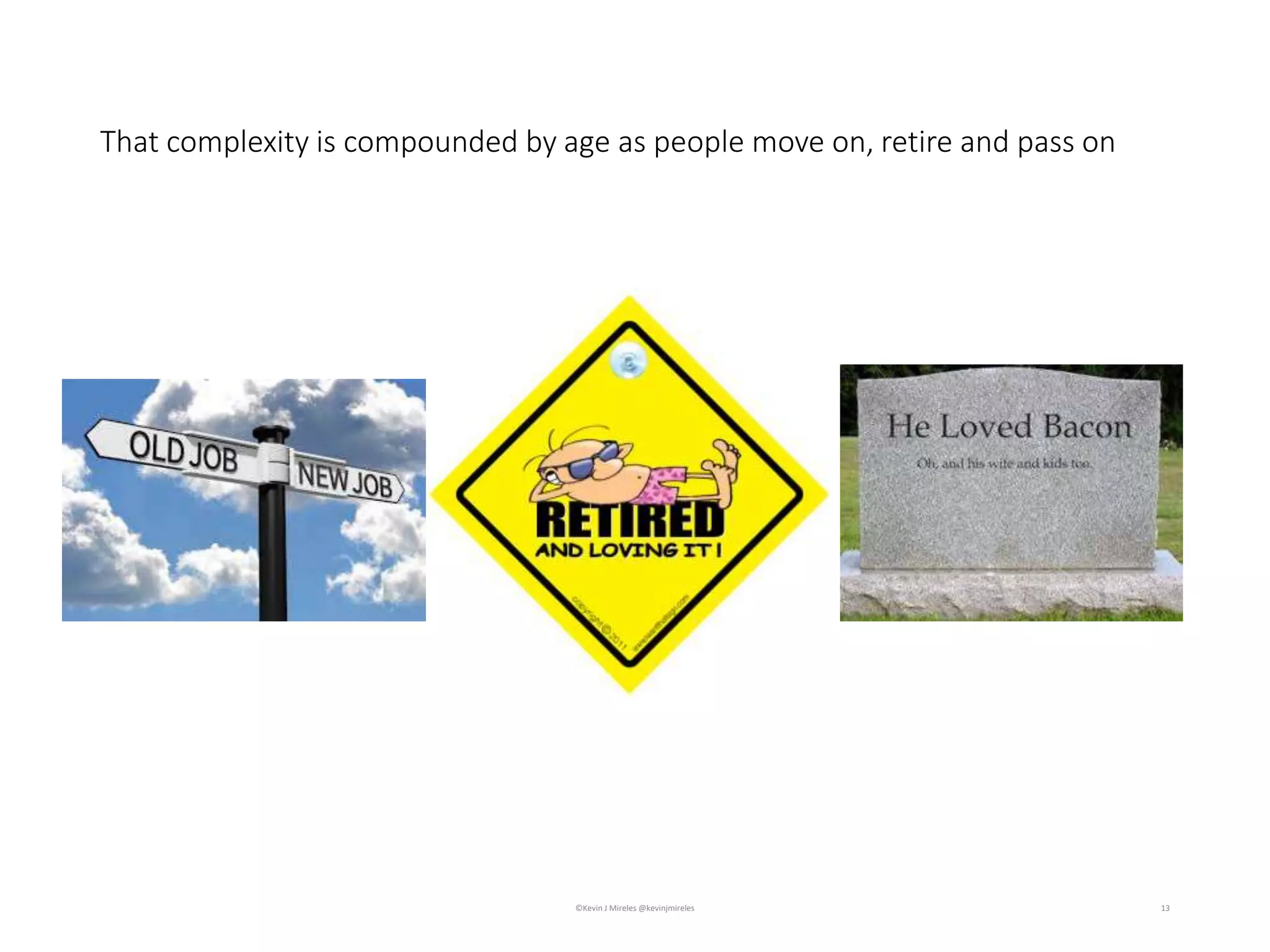 That complexity is compounded by age as people move on, retire and pass on
13©Kevin J Mireles @kevinjmireles
 