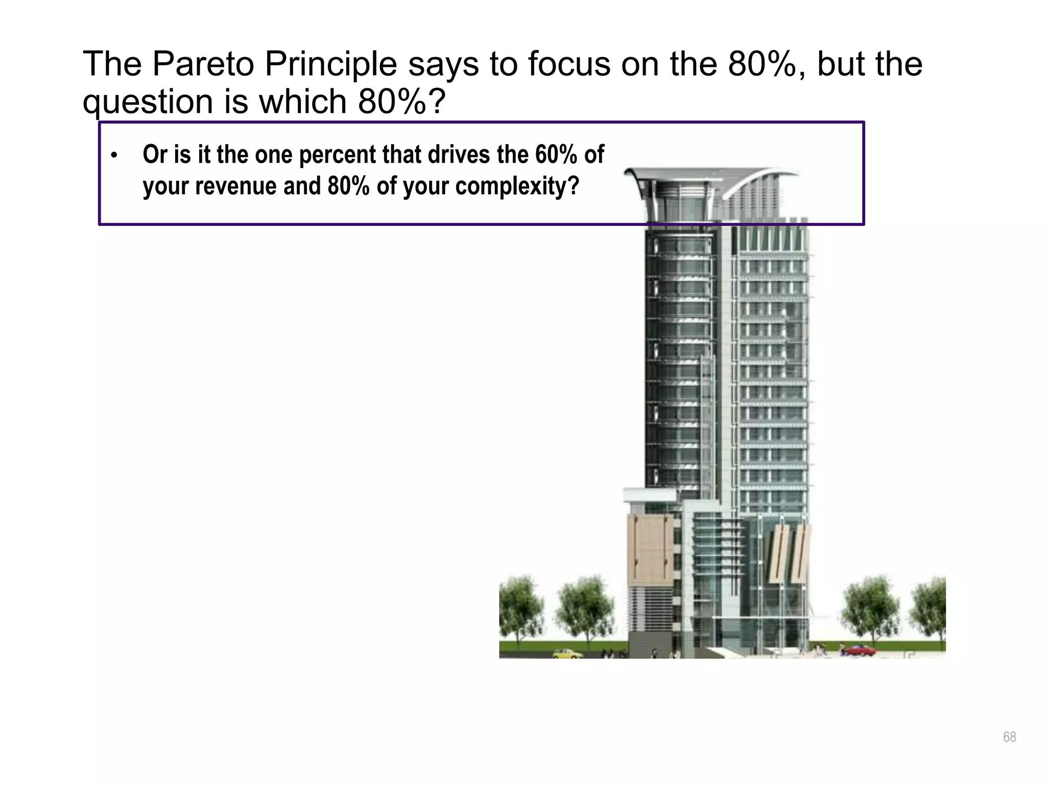 68
The Pareto Principle says to focus on the 80%, but the
question is which 80%?
• Or is it the one percent that drives the 60% of
your revenue and 80% of your complexity?
 