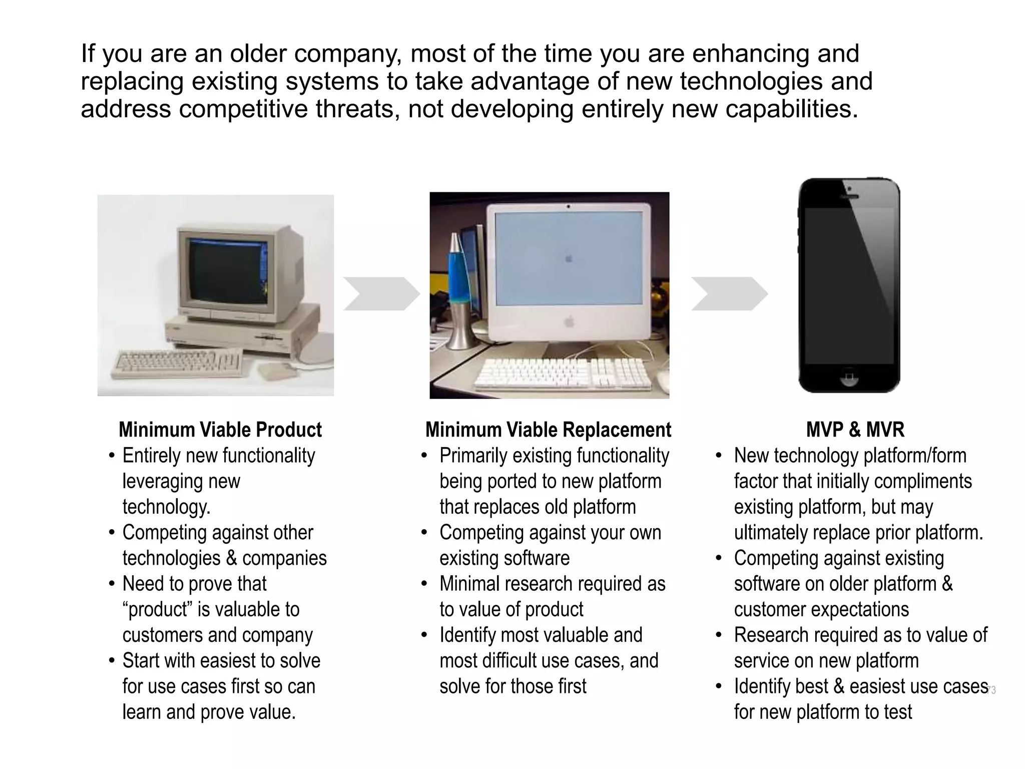 MVP & MVR
• New technology platform/form
factor that initially compliments
existing platform, but may
ultimately replace prior platform.
• Competing against existing
software on older platform &
customer expectations
• Research required as to value of
service on new platform
• Identify best & easiest use cases
for new platform to test
73
If you are an older company, most of the time you are enhancing and
replacing existing systems to take advantage of new technologies and
address competitive threats, not developing entirely new capabilities.
Minimum Viable Product
• Entirely new functionality
leveraging new
technology.
• Competing against other
technologies & companies
• Need to prove that
“product” is valuable to
customers and company
• Start with easiest to solve
for use cases first so can
learn and prove value.
Minimum Viable Replacement
• Primarily existing functionality
being ported to new platform
that replaces old platform
• Competing against your own
existing software
• Minimal research required as
to value of product
• Identify most valuable and
most difficult use cases, and
solve for those first
 