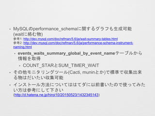• MySQLのperformance_schemaに関するグラフも生成可能
(waitに絡む物)
参考1: http://dev.mysql.com/doc/refman/5.6/ja/wait-summary-tables.html
参考2: http://dev.mysql.com/doc/refman/5.6/ja/performance-schema-instrument-
naming.html
• events_waits_summary_global_by_event_nameテーブルから
情報を取得
• COUNT_STARとSUM_TIMER_WAIT
• その他モニタリングツール(Cacti, muninとか)で標準で収集出来
る物はだいたい収集可能
• インストール方法についてははてダに以前書いたので使ってみた
い方は参考にして下さい
(http://d.hatena.ne.jp/hiroi10/20150523/1432345143)
 