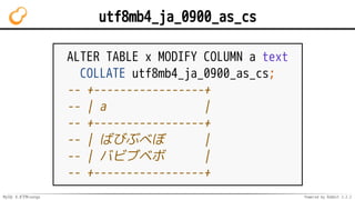 MySQL 8.0でMroonga Powered by Rabbit 2.2.2
utf8mb4_ja_0900_as_cs
ALTER TABLE x MODIFY COLUMN a text
COLLATE utf8mb4_ja_0900_as_cs;
-- +-----------------+
-- | a |
-- +-----------------+
-- | ばびぶべぼ |
-- | バビブベボ |
-- +-----------------+
 