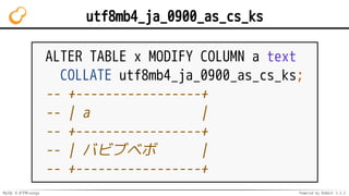 MySQL 8.0でMroonga Powered by Rabbit 2.2.2
utf8mb4_ja_0900_as_cs_ks
ALTER TABLE x MODIFY COLUMN a text
COLLATE utf8mb4_ja_0900_as_cs_ks;
-- +-----------------+
-- | a |
-- +-----------------+
-- | バビブベボ |
-- +-----------------+
 