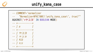 MySQL 8.0でMroonga Powered by Rabbit 2.2.2
unify_kana_case
-- COMMENT='normalizer
-- "NormalizerNFKC100('unify_kana_case', true)"'
AGAINST('+ヤユヨ' IN BOOLEAN MODE)
-- +-----------+
-- | a |
-- +-----------+
-- | ヤユヨ |
-- | ャュョ |
-- | ﾔﾕﾖ |
-- | ｬｭｮ |
-- +-----------+
 