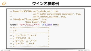 MySQL 8.0でMroonga Powered by Rabbit 2.2.2
ワイン名検索例
-- NormalizerNFKC100('unify_middle_dot', true,
-- 'unify_hyphen_and_prolonged_sound_mark', true,
-- 'unify_katakana_bu_sound', true)
-- TokenNgram('loose_symbol', true,
-- 'loose_blank', true)
AGAINST('+セーヴェルエメーヌ' IN BOOLEAN MODE)
-- +--------------------------------+
-- | a |
-- +--------------------------------+
-- | セーヴェル エ メーヌ |
-- | セブルエメーヌ |
-- | セーブル・エ・メーヌ |
-- | セーヴル　エメーヌ |
-- +--------------------------------+
 
