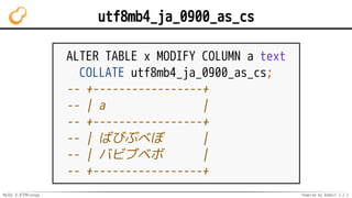 MySQL 8.0でMroonga Powered by Rabbit 2.2.2
utf8mb4_ja_0900_as_cs
ALTER TABLE x MODIFY COLUMN a text
COLLATE utf8mb4_ja_0900...