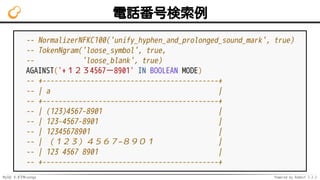 MySQL 8.0でMroonga Powered by Rabbit 2.2.2
電話番号検索例
-- NormalizerNFKC100('unify_hyphen_and_prolonged_sound_mark', true)
-- T...