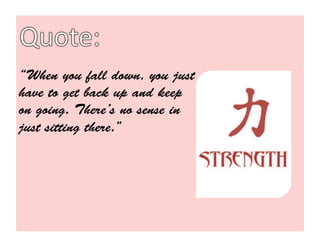 “When you fall down, you just
have to get back up and keep
on going. There’s no sense in
just sitting there.”
 