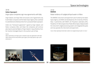 30
Italian Spaceport
2018
Virgin space companies sign new agreements with Italy
Virgin Galactic and Virgin Orbit announced a set of agreements July
6 with Italian companies and the Italian Space Agency that could lead
to suborbital and orbital launches from a proposed Italian spaceport.
Under one “framework agreement” signed by Virgin Galactic and
Italian companies Altec and Sitael, the companies will continue
planning for potential flights of Virgin Galactic’s SpaceShipTwo from
the Taranto-Grottaglie Airport in the southern part of Italy.
Source:
https://spacenews.com/virgin-space-companies-sign-new-agreements-with-italy/
https://www.asi.it/en/news/italian-space-agency-and-virgin-galactic-sign-a-joint-
declaration-0
MARSIS
Radar evidence of subglacial liquid water on Mars
The MARSIS instrument and experiment were funded by the Italian
Space Agency and NASA and developed by the University of Rome,
Italy, in partnership with NASA’s Jet Propulsion Laboratory (JPL),
Pasadena, CA. Alenia Spazio (now Thales Alenia Space, Italy) provided
the instrument’s digital processing system and integrated the parts
and now operates the instrument and experiment.
Source: https://greatsport.info/radar-evidence-of-subglacial-liquid-water-on-mars/
Credit: ESA Credit: ASI agenzia spaziale italiana
2018
 