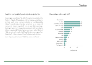 37
Why would you make a trip to Italy?Italy is the most sought-after destination by foreign tourists
According to research Ipsos “Be-Italy,” foreign tourists put Italy at the
forefront of quality of life, creativity, and inventiveness, while the wine
and food supply is now a primary motivation for travel (as cited by
48% of respondents), and on the same level as art cities and
monuments (chosen respectively from 49 and 48% respectively).
Cooking, in fact, is the first aspect associated with Italy (according to
23% of respondents), followed by monuments and fashion (both at
16%) – a result confirmed by , according to which
Italy is the first place in the world as a food and wine destination.
Source: https://www.eturbonews.com/170072/italy-tourism-desired-country
Motivations
0 20 40
Preferences
Art cities
Arts /Monuments
Wine and Food
Sea
Cultural events
Shopping
Mountain
Lake
Fashion events
Business
Sport events
Studyreasons
Playing sports 3
4
6
6
10
13
15
19
19
25
48
48
49
 
