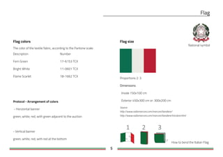 5
Flag size
The color of the textile fabric, according to the Pantone scale:
Description
Fern Green
Bright White
Flame Scarlet
Number
17-6153 TCX
11-0601 TCX
18-1662 TCX
Protocol - Arrangement of colors
 - Horizontal banner
green, white, red, with green adjacent to the auction
- Vertical banner
green, white, red, with red at the bottom
Proportions 2: 3
  Inside 150x100 cm
  Exterior 450x300 cm or: 300x200 cm
Source:
http://www.radiomarconi.com/marconi/bandiere/
http://www.radiomarconi.com/marconi/bandiere/tricolore.html
Flag colors
How to bend the Italian Flag
National symbol
 