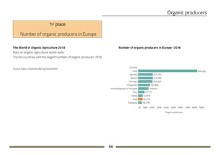 66
Number of organic producers in Europe -2016The World of Organic Agriculture 2018
Data on organic agriculture world-wide
The ten countries with the largest numbers of organic producers 2016
Source: https://statistics.fibl.org/world.html
Country
0K 100K 200K 300K 400K 500K 600K 700K 800K 900K
Organic producers
India
Uganda
Mexico
Ethiopia
Philippines
United Republic ofTanzania
Peru
Turkey
Italy
Paraguay 58.258
64.210
67.879
91.771
148.610
165.994
203.602
210.000
210.352
835.000
Number of organic producers in Europe
 