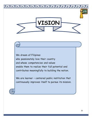 33
VISION
We dream of Filipinos
who passionately love their country
and whose competencies and values
enable them to realize their full potential and
contributes meaningfully to building the nation.
We are learner – centered public institution that
continuously improves itself to pursue its mission.
 