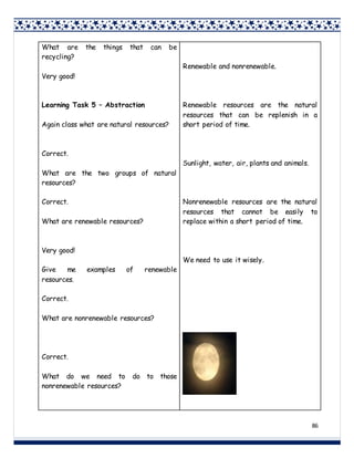 86
What are the things that can be
recycling?
Very good!
Learning Task 5 – Abstraction
Again class what are natural resources?
Correct.
What are the two groups of natural
resources?
Correct.
What are renewable resources?
Very good!
Give me examples of renewable
resources.
Correct.
What are nonrenewable resources?
Correct.
What do we need to do to those
nonrenewable resources?
Renewable and nonrenewable.
Renewable resources are the natural
resources that can be replenish in a
short period of time.
Sunlight, water, air, plants and animals.
Nonrenewable resources are the natural
resources that cannot be easily to
replace within a short period of time.
We need to use it wisely.
 