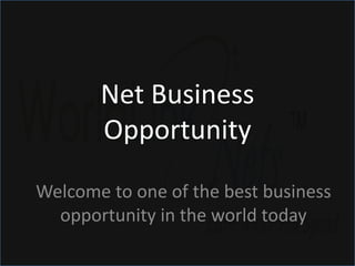 Net Business
       Opportunity
Welcome to one of the best business
  opportunity in the world today
 