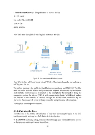- Home Router/Gateway: Brings Internet to Meross device
IP: 192.168.1.1
Network: 192.168.1.0/24
DHCP: ON
SSID: MildPot
Now let’s draw a diagram to have a good shot of all devices:
Figure 8: Machine-in-the-Middle scenario
Hey! Why is here a Cybercriminal object? Well… There can always be one stalking us
sniffing over the air!
The yellow waves are the traffic involved between smartphone and MSS550X. The blue
ones are traffic between Meross and gateway that happens when the set up is complete
(not sniffed). The first device to interact is the smartphone that instead of doing the
connection against the Meross SSID, it will connect to the hacker’s SSID and packets
are forward to the network of Meross through the Wi-Fi client established by the
Gargoyle. Responses will occur in the reverse order using the same infrastructure.
Moving now into the practical mode.
3.1.1. Catching the Data
The Machine-in-the-Middle infrastructure is clear now according to figure 8, we need
configure to get it working in a Kali. Let’s do it step by step:
0. If MSS550X is already set up, remove it from the app (you will need Internet access)
so that you can configure it again for sniffing.
10
 