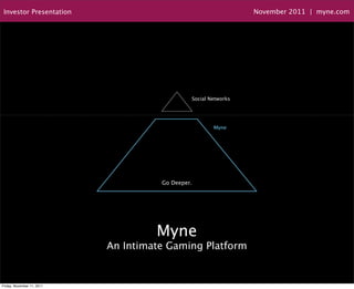 Investor Presentation                                           November 2011 | myne.com




                                               Social Networks




                                                       Myne




                                      Go Deeper.




                                     Myne
                            An Intimate Gaming Platform


Friday, November 11, 2011
 