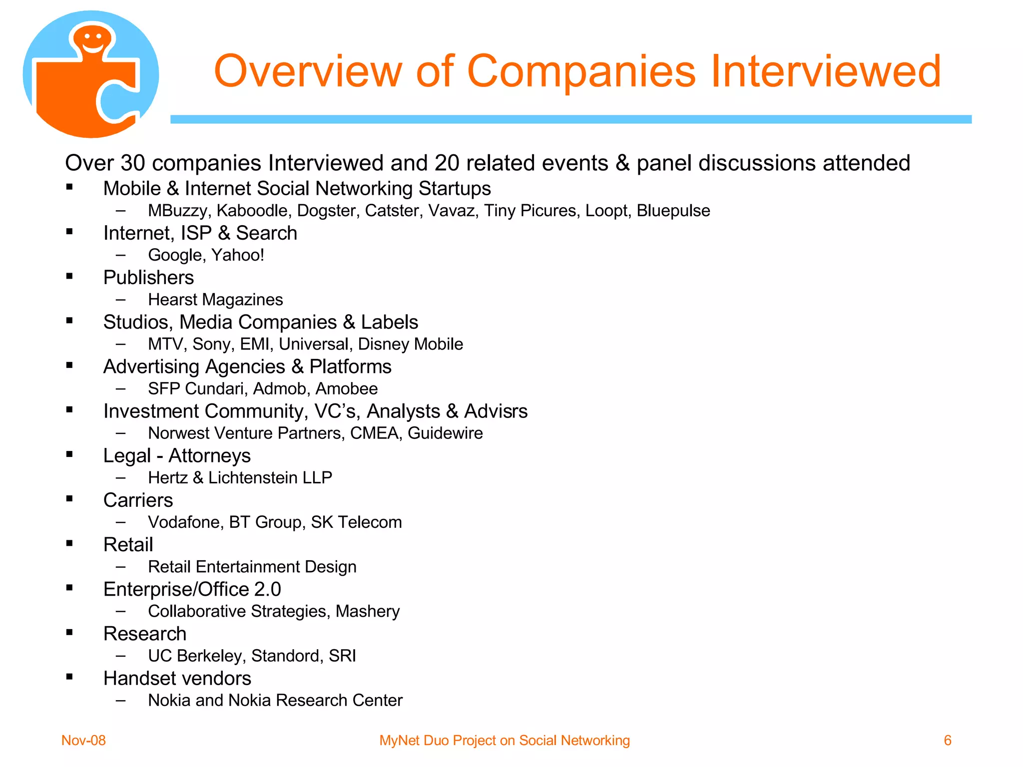 Overview of Companies Interviewed Over 30 companies Interviewed and 20 related events & panel discussions attended Mobile & Internet Social Networking Startups MBuzzy, Kaboodle, Dogster, Catster, Vavaz, Tiny Picures, Loopt, Bluepulse Internet, ISP & Search Google, Yahoo! Publishers Hearst Magazines Studios, Media Companies & Labels MTV, Sony, EMI, Universal, Disney Mobile Advertising Agencies & Platforms SFP Cundari, Admob, Amobee Investment Community, VC’s, Analysts & Advisrs Norwest Venture Partners, CMEA, Guidewire Legal - Attorneys Hertz & Lichtenstein LLP Carriers Vodafone, BT Group, SK Telecom Retail Retail Entertainment Design Enterprise/Office 2.0 Collaborative Strategies, Mashery Research UC Berkeley, Standord, SRI Handset vendors  Nokia and Nokia Research Center 