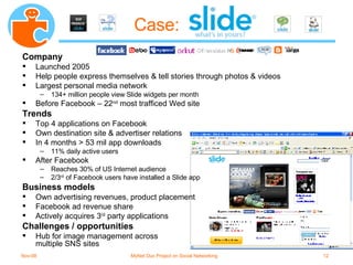 Case: Company Launched 2005 Help people express themselves & tell stories through photos & videos Largest personal media network 134+ million people view Slide widgets per month Before Facebook – 22 nd  most trafficed Wed site Trends Top 4 applications on Facebook Own destination site & advertiser relations In 4 months > 53 mil app downloads 11% daily active users After Facebook Reaches 30% of US Internet audience 2/3 rd  of Facebook users have installed a Slide app Business models Own advertising revenues, product placement Facebook ad revenue share Actively acquires 3 rd  party applications Challenges / opportunities Hub for image management across multiple SNS sites 