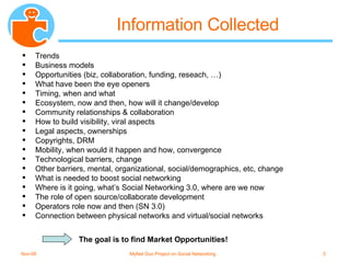 Information Collected Trends Business models Opportunities (biz, collaboration, funding, reseach, …) What have been the eye openers Timing, when and what Ecosystem, now and then, how will it change/develop Community relationships & collaboration How to build visibility, viral aspects Legal aspects, ownerships Copyrights, DRM Mobility, when would it happen and how, convergence Technological barriers, change Other barriers, mental, organizational, social/demographics, etc, change What is needed to boost social networking Where is it going, what’s Social Networking 3.0, where are we now The role of open source/collaborate development Operators role now and then (SN 3.0) Connection between physical networks and virtual/social networks The goal is to find Market Opportunities! 