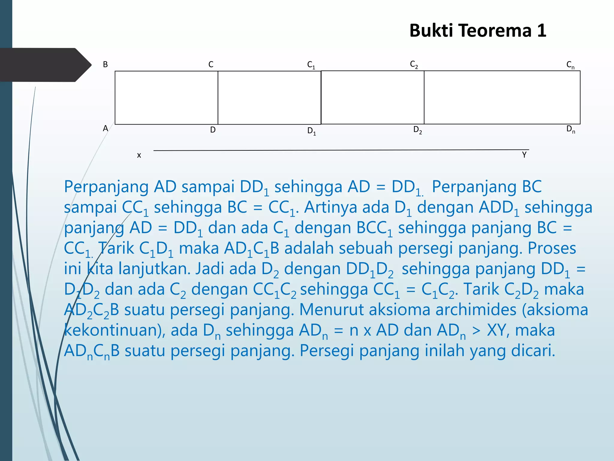 B C C1 C2 Cn
A D D1
D2 Dn
x Y
Perpanjang AD sampai DD1 sehingga AD = DD1. Perpanjang BC
sampai CC1 sehingga BC = CC1. Artinya ada D1 dengan ADD1 sehingga
panjang AD = DD1 dan ada C1 dengan BCC1 sehingga panjang BC =
CC1. Tarik C1D1 maka AD1C1B adalah sebuah persegi panjang. Proses
ini kita lanjutkan. Jadi ada D2 dengan DD1D2 sehingga panjang DD1 =
D1D2 dan ada C2 dengan CC1C2 sehingga CC1 = C1C2. Tarik C2D2 maka
AD2C2B suatu persegi panjang. Menurut aksioma archimides (aksioma
kekontinuan), ada Dn sehingga ADn = n x AD dan ADn > XY, maka
ADnCnB suatu persegi panjang. Persegi panjang inilah yang dicari.
Bukti Teorema 1
 