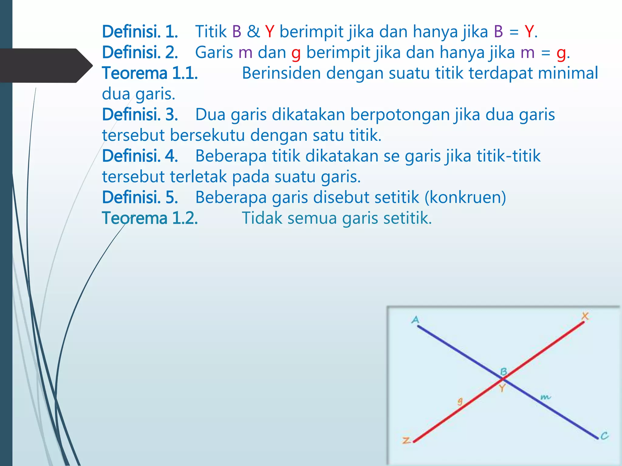 Definisi. 1. Titik B & Y berimpit jika dan hanya jika B = Y.
Definisi. 2. Garis m dan g berimpit jika dan hanya jika m = g.
Teorema 1.1. Berinsiden dengan suatu titik terdapat minimal
dua garis.
Definisi. 3. Dua garis dikatakan berpotongan jika dua garis
tersebut bersekutu dengan satu titik.
Definisi. 4. Beberapa titik dikatakan se garis jika titik-titik
tersebut terletak pada suatu garis.
Definisi. 5. Beberapa garis disebut setitik (konkruen)
Teorema 1.2. Tidak semua garis setitik.
 