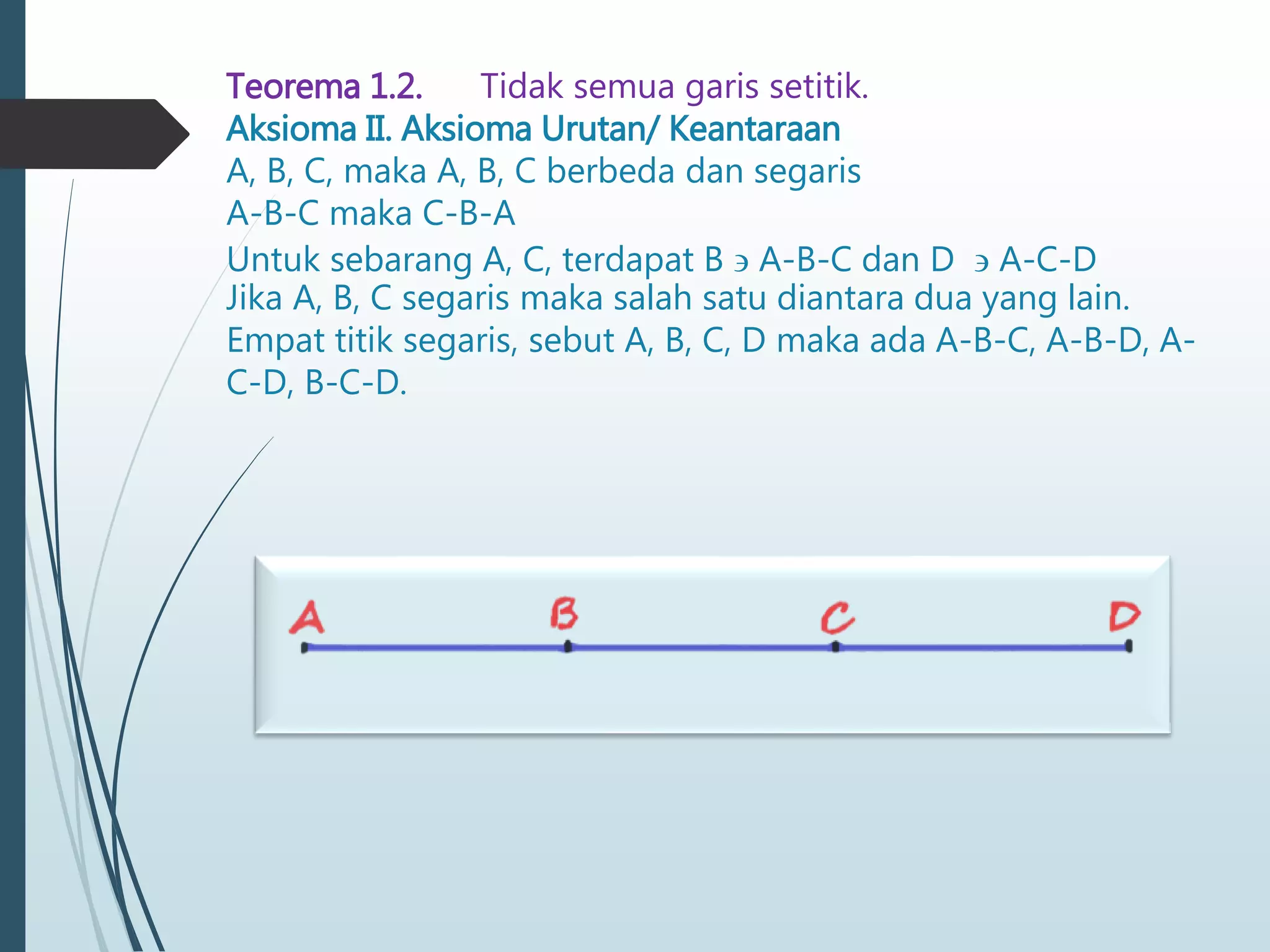 Teorema 1.2. Tidak semua garis setitik.
Aksioma II. Aksioma Urutan/ Keantaraan
A, B, C, maka A, B, C berbeda dan segaris
A-B-C maka C-B-A
Untuk sebarang A, C, terdapat B  A-B-C dan D  A-C-D
Jika A, B, C segaris maka salah satu diantara dua yang lain.
Empat titik segaris, sebut A, B, C, D maka ada A-B-C, A-B-D, A-
C-D, B-C-D.
 