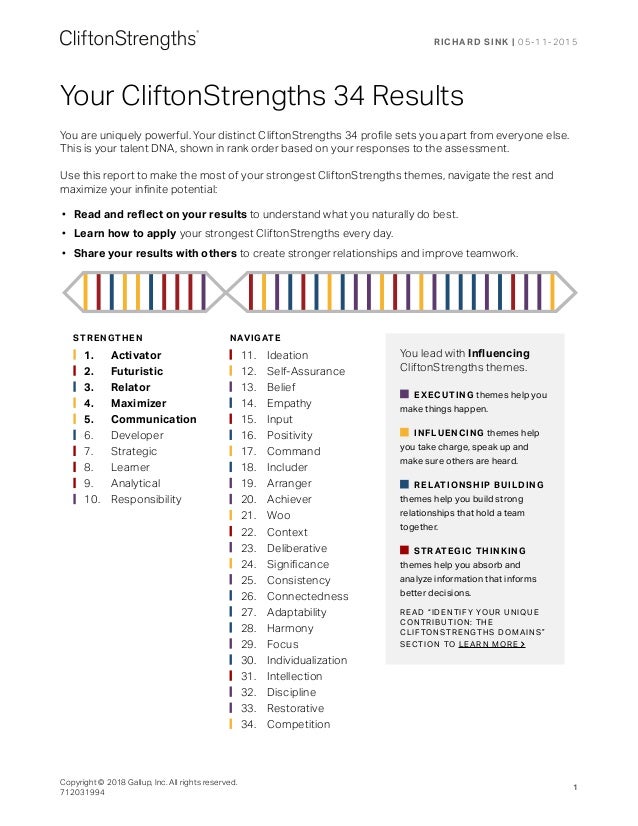 My New Clifton StrengthsFinder 34 report