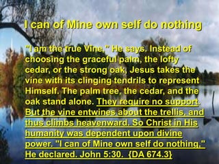 I can of Mine own self do nothing	"I am the true Vine," He says. Instead of choosing the graceful palm, the lofty cedar, or the strong oak, Jesus takes the vine with its clinging tendrils to represent Himself. The palm tree, the cedar, and the oak stand alone. They require no support. But the vine entwines about the trellis, and thus climbs heavenward. So Christ in His humanity was dependent upon divine power. "I can of Mine own self do nothing," He declared. John 5:30.  {DA 674.3} 