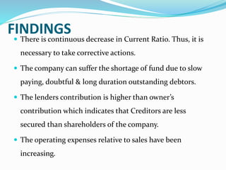 FINDINGS
 There is continuous decrease in Current Ratio. Thus, it is
necessary to take corrective actions.
 The company can suffer the shortage of fund due to slow
paying, doubtful & long duration outstanding debtors.
 The lenders contribution is higher than owner’s
contribution which indicates that Creditors are less
secured than shareholders of the company.
 The operating expenses relative to sales have been
increasing.
 