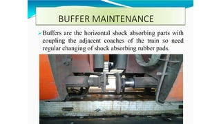 BUFFER MAINTENANCE
Buffers are the horizontal shock absorbing parts with
coupling the adjacent coaches of the train so need
regular changing of shock absorbing rubber pads.
 