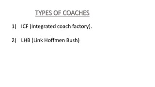 TYPES OF COACHES
1) ICF (Integrated coach factory).
2) LHB (Link Hoffmen Bush)
 