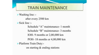 TRAIN MAINTENANCE
Washing line :-
after every 2500 km
Sick line :-
Schedule “A” maintenance- 1 month
Schedule “B” maintenance- 3 months
IOH- 9 months or 2,00,000 km
POH- 18 months or 4,00,000 km
Platform Train Duty:-
on starting & ending stations
 