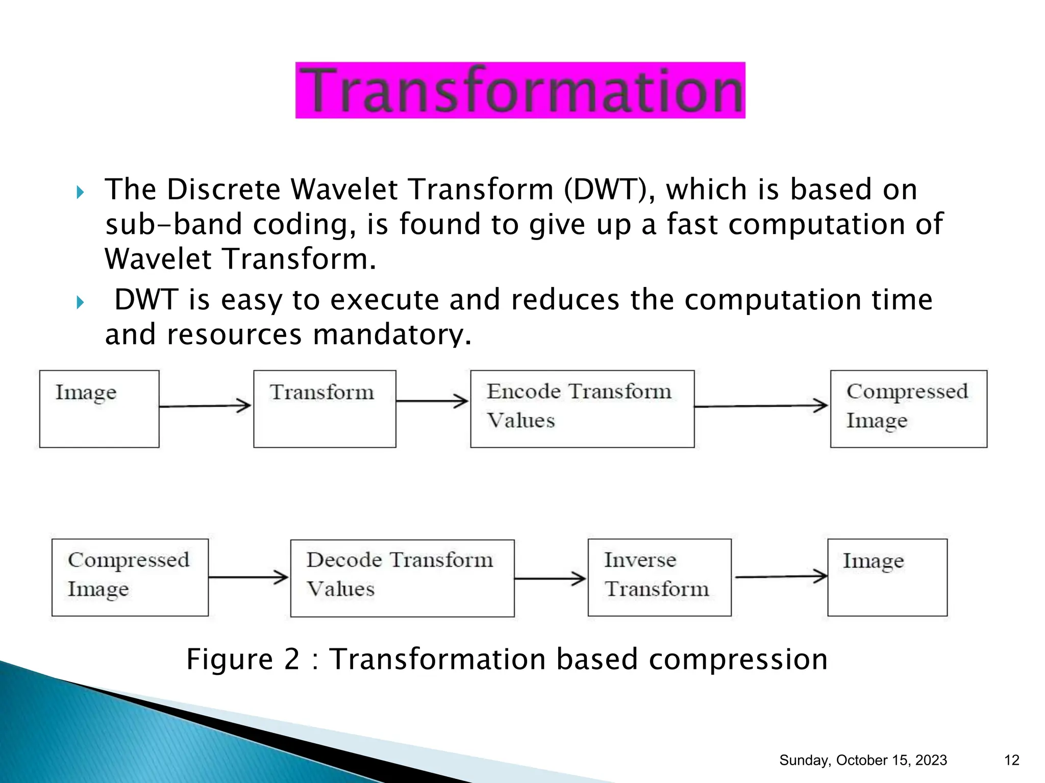  The Discrete Wavelet Transform (DWT), which is based on sub-band coding, is found to give up a fast computation of Wavelet Transform.  DWT is easy to execute and reduces the computation time and resources mandatory. Figure 2 : Transformation based compression Sunday, October 15, 2023 12 