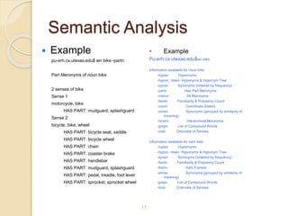 Semantic Analysis
 Example
pu-erh.cs.utexas.edu$ wn bike -partn
Part Meronyms of noun bike
2 senses of bike
Sense 1
motorcycle, bike
HAS PART: mudguard, splashguard
Sense 2
bicycle, bike, wheel
HAS PART: bicycle seat, saddle
HAS PART: bicycle wheel
HAS PART: chain
HAS PART: coaster brake
HAS PART: handlebar
HAS PART: mudguard, splashguard
HAS PART: pedal, treadle, foot lever
HAS PART: sprocket, sprocket wheel
17
• Example
Pu-erh.cs.utexas.edu$wn bike
Information available for noun bike
-hypen Hypernyms
-hypon, -treen Hyponyms & Hyponym Tree
-synsn Synonyms (ordered by frequency)
-partn Has Part Meronyms
-meron All Meronyms
-famln Familiarity & Polysemy Count
-coorn Coordinate Sisters
-simsn Synonyms (grouped by similarity of
meaning)
-hmern Hierarchical Meronyms
-grepn List of Compound Words
-over Overview of Senses
Information available for verb bike
-hypev Hypernyms
-hypov, -treev Hyponyms & Hyponym Tree
-synsv Synonyms (ordered by frequency)
-famlv Familiarity & Polysemy Count
-framv Verb Frames
-simsv Synonyms (grouped by similarity of
meaning)
-grepv List of Compound Words
-over Overview of Senses
 