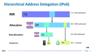 12
12
Hierarchical Address Delegation (IPv6)
RIR /12
/12 = 68 B addresses*
Allocation /29
/29 = 500K addresses*
Sub-allocation /32 /32= 64K addresses*
Assignment /64 /48 /48 = 1 address*
*/48
 