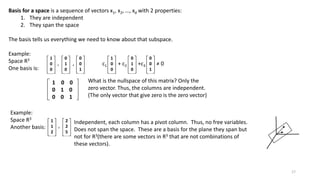 Basis for a space is a sequence of vectors x1, x2, …, xd with 2 properties:
1. They are independent
2. They span the space
The basis tells us everything we need to know about that subspace.
Example:
Space R3
One basis is:
1
0
0
0
1
0
0
0
1‘ ‘
1
0
0
0
1
0
0
0
1
c1 + c2 +c3 ≠ 0
1 0 0
0 1 0
0 0 1
What is the nullspace of this matrix? Only the
zero vector. Thus, the columns are independent.
(The only vector that give zero is the zero vector)
1
1
2
2
2
5
‘
Example:
Space R3
Another basis:
Independent, each column has a pivot column. Thus, no free variables.
Does not span the space. These are a basis for the plane they span but
not for R3(there are some vectors in R3 that are not combinations of
these vectors).
17
 