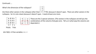 Continued ….
What’s the dimension of the nullspace?
Are there other vectors in the nullspace other than ? YES, because it doesn’t span. There are other vectors in the
nullspace. So it is not a basis because it doesn’t span. I need at least one more.
1 2 3 1
1 1 2 1
1 2 3 1
-1
-1
1
0
-1
-1
1
0
-1
0
0
1
These are the 2 special solutions. (The vectors in the nullspace are tell you the
combinations of the columns that give zero. Tell us in what way the columns are
dependent.)
Pivots Free
,
dim N(A) = # free variables = n - r
20
 