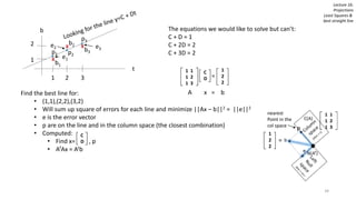 b1
Lecture 16:
Projections
Least Squares &
best straight line
t
b
x
x
x
1 2 3
2
1
The equations we would like to solve but can’t:
C + D = 1
C + 2D = 2
C + 3D = 2
1 1
1 2
1 3
C
D =
1
2
2
A x = bFind the best line for:
• (1,1),(2,2),(3,2)
• Will sum up square of errors for each line and minimize ||Ax – b||2 = ||e||2
• e is the error vector
• p are on the line and in the column space (the closest combination)
• Computed:
• Find x= , p
• ATAx = Atb
e1
e2 e3
b2
b3p2
p1
p3
C
D
1
2
2
=
nearest
Point in the
col space
34
 