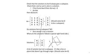 Check that the solutions to Ax=0 always give a subspace.
Check that v and w sum is also is a solution.
• If Av=0 and Aw=0 then A(v+w) = 0
• Av+Aw
then A(12v)=0.
Ax =
1 1 2
2 1 3
3 1 4
4 1 5
x1
x2
x3
=
1
2
3
4
Do solutions form a subspace? NO
• Zero vector is not a solution
What are the solutions? (Need a special right hand side.)
Solutions: ,
A lot of solution but not a subspace. It’s like a line or
plane that doesn’t go through origin. (Should solve Ax=0)
0
-1
1
1
0
0
(Should solve Ax=0
to be a subspace)
6
 