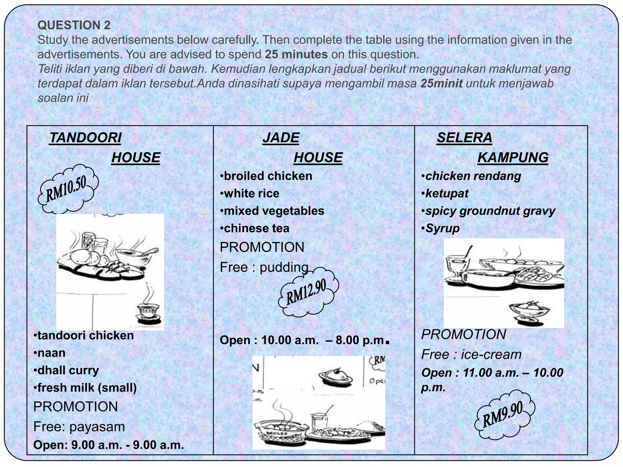 QUESTION 2Study the advertisements below carefully. Then complete the table using the information given in the advertisements. You are advised to spend 25minutes on this question.Telitiiklan yang diberidibawah. Kemudianlengkapkanjadualberikutmenggunakanmaklumat yang terdapatdalamiklantersebut.Andadinasihatisupayamengambilmasa25minituntukmenjawabsoalaniniRM10.50RM12.90RM9.90