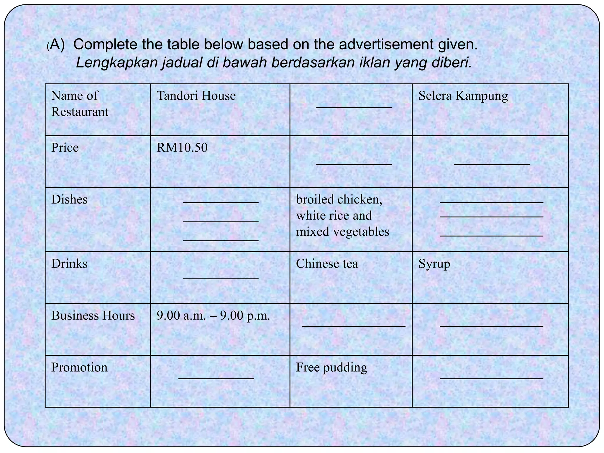 (A)  Complete the table below based on the advertisement given.Lengkapkan jadual di bawah berdasarkan iklan yang diberi.