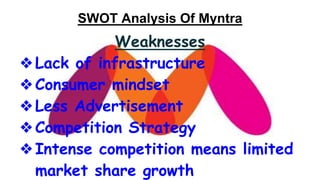 SWOT Analysis Of Myntra
Weaknesses
❖Lack of infrastructure
❖Consumer mindset
❖Less Advertisement
❖Competition Strategy
❖Intense competition means limited
market share growth
 