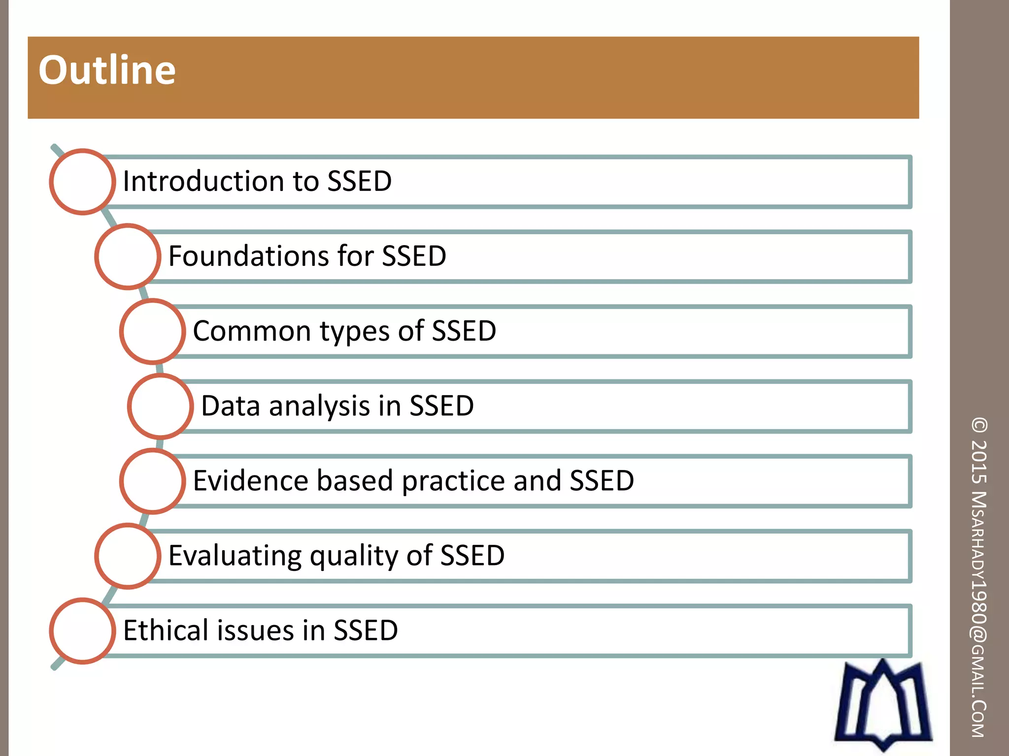 ©2015MSARHADY1980@GMAIL.COM
Outline
Introduction to SSED
Foundations for SSED
Common types of SSED
Data analysis in SSED
Evidence based practice and SSED
Evaluating quality of SSED
Ethical issues in SSED
 