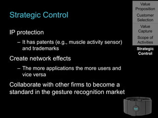Value
Proposition

Strategic Control
IP protection
– It has patents (e.g., muscle activity sensor)
and trademarks

Create network effects
– The more applications the more users and
vice versa

Collaborate with other firms to become a
standard in the gesture recognition market

Customer
Selection
Value
Capture

Scope of
Activities
Strategic
Control

 