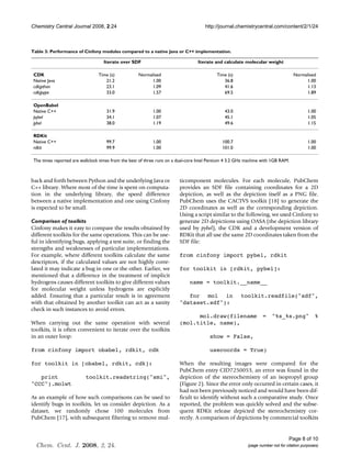 Chemistry Central Journal 2008, 2:24                                                  http://journal.chemistrycentral.com/content/2/1/24



Table 3: Performance of Cinfony modules compared to a native Java or C++ implementation.

                                   Iterate over SDF                               Iterate and calculate molecular weight

 CDK                             Time (s)            Normalised                             Time (s)                                Normalised
 Native Java                        21.2                  1.00                                 36.8                                      1.00
 cdkjython                          23.1                  1.09                                 41.6                                      1.13
 cdkjpype                           33.0                  1.57                                 69.5                                      1.89

 OpenBabel
 Native C++                          31.9                   1.00                                43.0                                        1.00
 pybel                               34.1                   1.07                                45.1                                        1.05
 jybel                               38.0                   1.19                                49.6                                        1.15

 RDKit
 Native C++                          99.7                   1.00                              100.7                                         1.00
 rdkit                               99.9                   1.00                              101.0                                         1.00

 The times reported are wallclock times from the best of three runs on a dual-core Intel Pentium 4 3.2 GHz machine with 1GB RAM.



back and forth between Python and the underlying Java or                 ticomponent molecules. For each molecule, PubChem
C++ library. Where most of the time is spent on computa-                 provides an SDF file containing coordinates for a 2D
tion in the underlying library, the speed difference                     depiction, as well as the depiction itself as a PNG file.
between a native implementation and one using Cinfony                    PubChem uses the CACTVS toolkit [18] to generate the
is expected to be small.                                                 2D coordinates as well as the corresponding depiction.
                                                                         Using a script similar to the following, we used Cinfony to
Comparison of toolkits                                                   generate 2D depictions using OASA (the depiction library
Cinfony makes it easy to compare the results obtained by                 used by pybel), the CDK and a development version of
different toolkits for the same operations. This can be use-             RDKit that all use the same 2D coordinates taken from the
ful in identifying bugs, applying a test suite, or finding the           SDF file:
strengths and weaknesses of particular implementations.
For example, where different toolkits calculate the same                 from cinfony import pybel, rdkit
descriptors, if the calculated values are not highly corre-
lated it may indicate a bug in one or the other. Earlier, we             for toolkit in [rdkit, pybel]:
mentioned that a difference in the treatment of implicit
hydrogens causes different toolkits to give different values                  name = toolkit.__name__
for molecular weight unless hydrogens are explicitly
added. Ensuring that a particular result is in agreement                    for mol in                  toolkit.readfile("sdf",
with that obtained by another toolkit can act as a sanity                "dataset.sdf"):
check in such instances to avoid errors.
                                                                               mol.draw(filename                   =    "%s_%s.png"             %
When carrying out the same operation with several                        (mol.title, name),
toolkits, it is often convenient to iterate over the toolkits
in an outer loop:                                                                       show = False,

from cinfony import obabel, rdkit, cdk                                                  usecoords = True)

for toolkit in [obabel, rdkit, cdk]:                                     When the resulting images were compared for the
                                                                         PubChem entry CID7250053, an error was found in the
   print                  toolkit.readstring("smi",                      depiction of the stereochemistry of an isopropyl group
"CCC").molwt                                                             (Figure 2). Since the error only occurred in certain cases, it
                                                                         had not been previously noticed and would have been dif-
As an example of how such comparisons can be used to                     ficult to identify without such a comparative study. Once
identify bugs in toolkits, let us consider depiction. As a               reported, the problem was quickly solved and the subse-
dataset, we randomly chose 100 molecules from                            quent RDKit release depicted the stereochemistry cor-
PubChem [17], with subsequent filtering to remove mul-                   rectly. A comparison of depictions by commercial toolkits


                                                                                                                                 Page 8 of 10
  Chem. Cent. J. 2008, 2, 24.                                                                              (page number not for citation purposes)
 