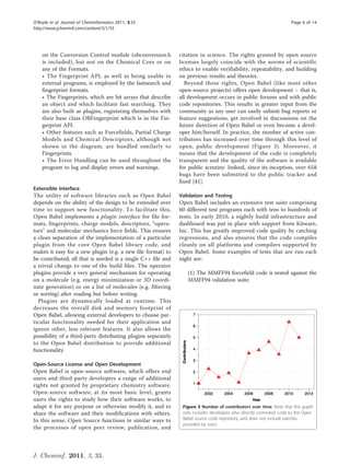 O’Boyle et al. Journal of Cheminformatics 2011, 3:33                                                                Page 6 of 14
http://www.jcheminf.com/content/3/1/33




    on the Conversion Control module (obconversion.h           citation in science. The rights granted by open source
    is included), but not on the Chemical Core or on           licenses largely coincide with the norms of scientific
    any of the Formats.                                        ethics to enable verifiability, repeatability, and building
    • The Fingerprint API, as well as being usable in          on previous results and theories.
    external programs, is employed by the fastsearch and          Beyond these rights, Open Babel (like most other
    fingerprint formats.                                       open-source projects) offers open development – that is,
    • The Fingerprints, which are bit arrays that describe     all development occurs in public forums and with public
    an object and which facilitate fast searching. They        code repositories. This results in greater input from the
    are also built as plugins, registering themselves with     community as any user can easily submit bug reports or
    their base class OBFingerprint which is in the Fin-        feature suggestions, get involved in discussions on the
    gerprint API.                                              future direction of Open Babel or even become a devel-
    • Other features such as Forcefields, Partial Charge       oper him/herself. In practice, the number of active con-
    Models and Chemical Descriptors, although not              tributors has increased over time through this level of
    shown in the diagram, are handled similarly to             open, public development (Figure 3). Moreover, it
    Fingerprints.                                              means that the development of the code is completely
    • The Error Handling can be used throughout the            transparent and the quality of the software is available
    program to log and display errors and warnings.            for public scrutiny. Indeed, since its inception, over 658
                                                               bugs have been submitted to the public tracker and
                                                               fixed [41].
Extensible Interface
The utility of software libraries such as Open Babel           Validation and Testing
depends on the ability of the design to be extended over       Open Babel includes an extensive test suite comprising
time to support new functionality. To facilitate this,         60 different test programs each with tens to hundreds of
Open Babel implements a plugin interface for file for-         tests. In early 2010, a nightly build infrastructure and
mats, fingerprints, charge models, descriptors, “opera-        dashboard was put in place with support from Kitware,
tors” and molecular mechanics force fields. This ensures       Inc. This has greatly improved code quality by catching
a clean separation of the implementation of a particular       regressions, and also ensures that the code compiles
plugin from the core Open Babel library code, and              cleanly on all platforms and compilers supported by
makes it easy for a new plugin (e.g. a new file format) to     Open Babel. Some examples of tests that are run each
be contributed; all that is needed is a single C++ file and    night are:
a trivial change to one of the build files. The operator
plugins provide a very general mechanism for operating            (1) The MMFF94 forcefield code is tested against the
on a molecule (e.g. energy minimization or 3D coordi-             MMFF94 validation suite.
nate generation) or on a list of molecules (e.g. filtering
or sorting) after reading but before writing.
  Plugins are dynamically loaded at runtime. This
decreases the overall disk and memory footprint of
Open Babel, allowing external developers to choose par-
ticular functionality needed for their application and
ignore other, less relevant features. It also allows the
possibility of a third-party distributing plugins separately
to the Open Babel distribution to provide additional
functionality.

Open-Source License and Open Development
Open Babel is open-source software, which offers end
users and third-party developers a range of additional
rights not granted by proprietary chemistry software.
Open-source software, at its most basic level, grants
users the rights to study how their software works, to
adapt it for any purpose or otherwise modify it, and to         Figure 3 Number of contributors over time. Note that this graph
share the software and their modifications with others.         only includes developers who directly commited code to the Open
In this sense, Open Source functions in similar ways to         Babel source code repository, and does not include patches
                                                                provided by users.
the processes of open peer review, publication, and



J. Cheminf. 2011, 3, 33.
 