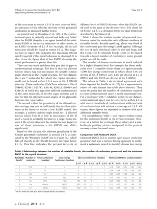 O’Boyle et al. Journal of Cheminformatics 2011, 3:8                                                                       Page 6 of 9
http://www.jcheminf.com/content/3/1/8




of the structures to within 1.0 Å (it only recovers 96%),              different levels of RMSD diversity when the RMSD cut-
an indication of the inherent diversity of the generated               off used is the same as the diversity level. The sharp fall
conformers as discussed further below.                                 off below 1.4 Å is a deviation from the ideal behaviour
  As pointed out by Borodina et al. [26], if the confor-               described by Borodina et al.
mational space is perfectly covered and lacks any ‘holes’                Table 1 shows the median number of generated con-
then the RMSD diversity is an upper bound of the mini-                 formers tested for molecules with different numbers of
mum RMSD to the crystal structure. In other words, at                  rotatable bonds. Broadly speaking, about one third of
an RMSD diversity of 1.5 Å for example, all crystal                    the conformers pass the energy cutoff applied. Although
structures should be found to within 1.5 Å. The diago-                 the size of each individual subset is not very large, and
nal line in Figure 5(b) indicates the maximum RMSD                     the values for 6 rotatable bonds seem to be biased
cutoff expected if this ideal behaviour is observed. It is             towards a larger number of conformers, some general
clear from the figure that at low RMSD diversity the                   points can still be made.
actual performance is poorer than this.                                  The number of diverse conformers is much reduced
  There are two main problems that give rise to gaps in                by a higher diversity level. For example, for those mole-
conformational coverage. The first is that the allowed                 cules with 7 rotatable bonds there are approximately
torsion values may not encompass the specific torsion                  11000 low energy conformers of which about 13% are
angle observed in the crystal structure. For this dataset,             diverse at 0.5 Å RMSD, only 1.3% are diverse at 1.0 Å
there are 7 molecules for which the crystal structure                  RMSD, and only 0.16% are diverse at 1.5 Å RMSD.
could not be found within 2.0 Å even at 0.4 Å RMSD                       The values in Table 1 are in broad agreement with
diversity. These molecules (PubChem substance IDs of                   those reported by Smellie et al. [27] for a representative
584680, 823881, 825747, 826196, 828032, 830919 and                     subset of their dataset (see table three therein). They
834618), of which two represent different conformations                make the point that the number of conformers required
of the same molecule, all involve sugar moieties and it                to cover conformational space is really surprisingly low.
may be that the allowed torsion angles of the glycosidic               For a molecule with 7 rotatable bonds in our dataset,
bond are too conservative.                                             conformational space can be covered to within 1.0 Å
  The second is that the granularity of the allowed tor-               with merely hundreds of conformations while just tens
sion settings may not be sufficiently fine to allow solu-              of conformations will achieve a coverage of 1.5 Å. Of
tions to be found to within a low RMSD cutoff. For                     course, these figures are expected to increase with each
example, a carbon-carbon single bond has 12 allowed                    additional rotatable bond.
torsion values from 0 to 360° in increments of 30°. If                   For completeness, Table 1 also reports median values
such a bond is centrally located in a large molecule,                  for the minimum RMSD to the crystal structure. How-
even if the crystal structure has similar torsion angles to            ever, as a metric for coverage these values give a mis-
one of these conformers the RMSD may differ                            leadingly positive picture compared to the percent
significantly.                                                         recovery values discussed above.
  Based on this dataset, the inherent granularity of the
Confab generated conformers is around 1.4 Å, as indi-                  Comparison with Multiconf-DOCK
cated by the “Diversity Cutoff” line in Figure 5(a) which              Multiconf-DOCK [13] is another open source conformer
falls off sharply as the RMSD diversity decreases below                generator that uses a torsion driving approach to imple-
1.4 Å. This line indicates the percent recovery at                     ment a systematic search to identify diverse low energy

Table 1 Relationship between the number of rotatable bonds, the number of conformers generated and the minimum
RMSD to the crystal structure
Rotatable Number of Total Conformers     Low Energy              Diverse Conformers (median)      Minimum RMSD to crystal (median)
 bonds†    molecules    (median)     Conformers (median)
                                                                0.5 Å 1.0 Å 1.5 Å 2.0 Å 3.0 Å 0.5 Å      1.0 Å   1.5 Å   2.0 Å   3.0 Å
    1           214                3                      3      3        1      1     1     1    0.18   0.40    0.45    0.45    0.45
    2           97                36                      25     8        2      1     1     1    0.34   0.54    0.74    0.80    0.80
    3           216               72                      44     19       4      1     1     1    0.39   0.70    1.02    1.06    1.06
    4           143              1296                    582     96       9      2     1     1    0.52   0.80    1.07    1.14    1.24
    5           86               3024                    1065   189       24     4     1     1    0.60   0.82    1.14    1.31    1.34
    6           114             186624                  24317   2953     192    24     5     1    0.71   0.90    1.21    1.49    1.78
    7           69              34992                   10679   1402     139    17     4     1    0.66   0.83    1.14    1.44    1.73
†
The 61 molecules with 8 or more rotatable bonds are omitted.




J. Cheminf. 2011, 3, 8.
 