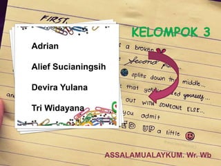 Adrian
Alief Sucianingsih
Devira Yulana
Tri Widayana
ASSALAMUALAYKUM. Wr. Wb
 